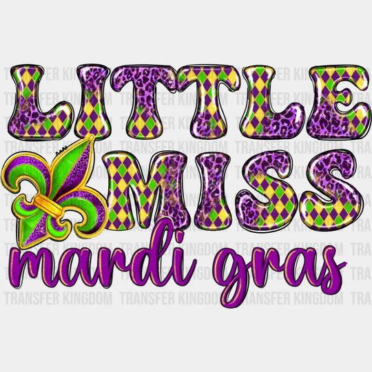 Little Miss Mardi Gras Fleur de Lis - Mardi Gras DTF Transfer Adult Unisex - S & M (10’’) / Dark Color Design (See
