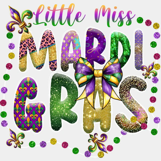 Little Miss Mardi Gras Gemstones - Mardi Gras DTF Transfer Adult Unisex - S & M (10’’) / Light Color Design (See