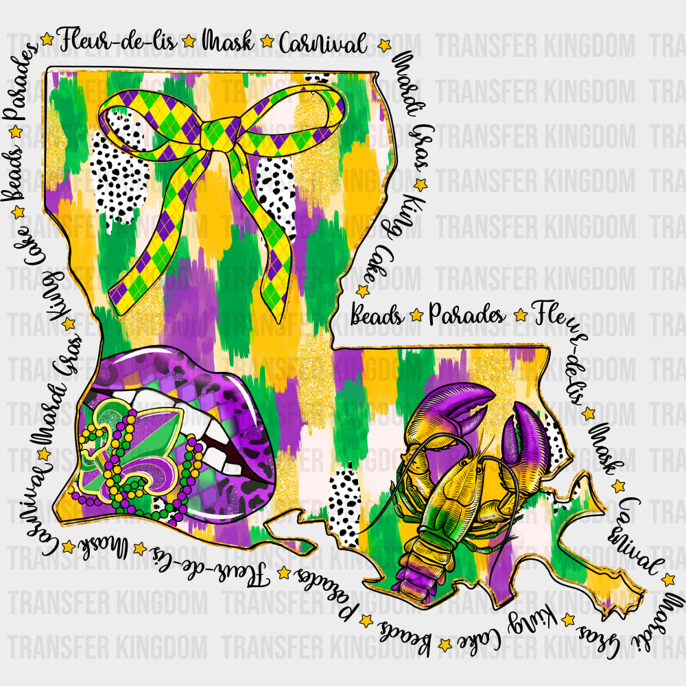 Louisiana Map B&W Text - Mardi Gras DTF Transfers Adult Unisex - S & M (10’’) / Dark Color Design (See Imaging)