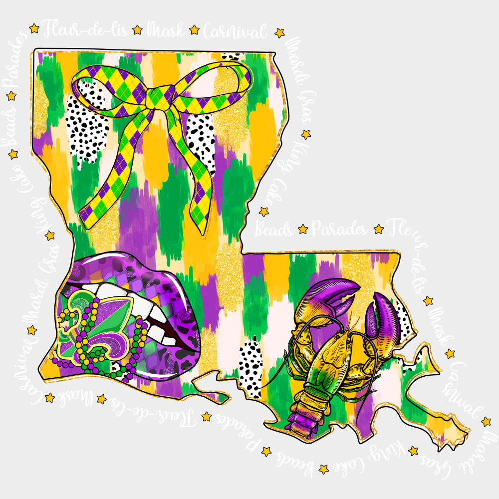 Louisiana Map B&W Text - Mardi Gras DTF Transfers Adult Unisex - S & M (10’’) / Light Color Design (See Imaging)