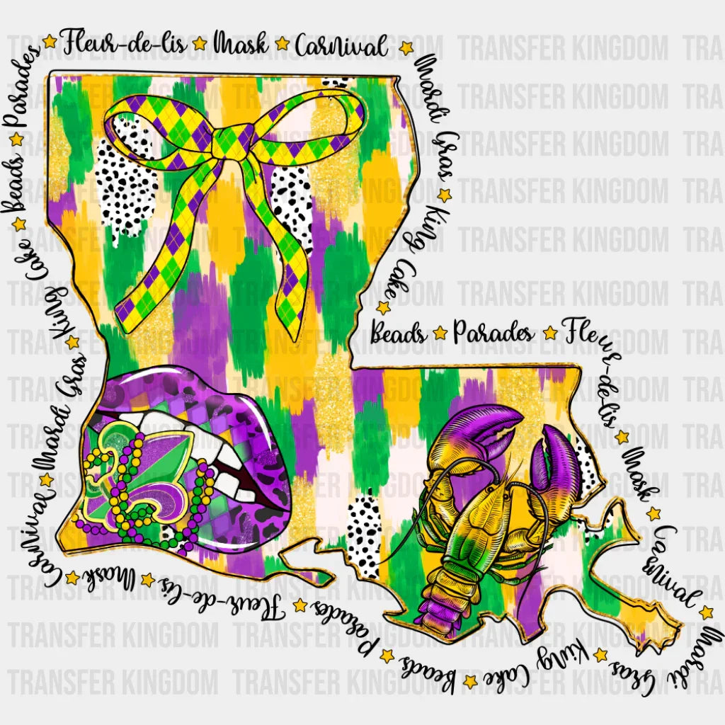 Louisiana Map - Mardi Gras DTF Transfer Adult Unisex - S & M (10’’) / Dark Color Design (See Imaging)