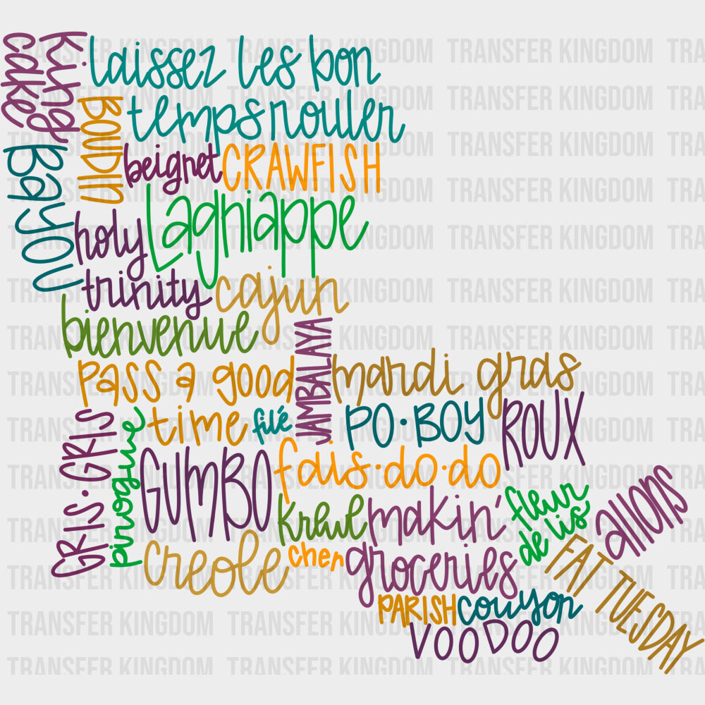 Lousiana Map Art - Mardi Gras DTF Transfers