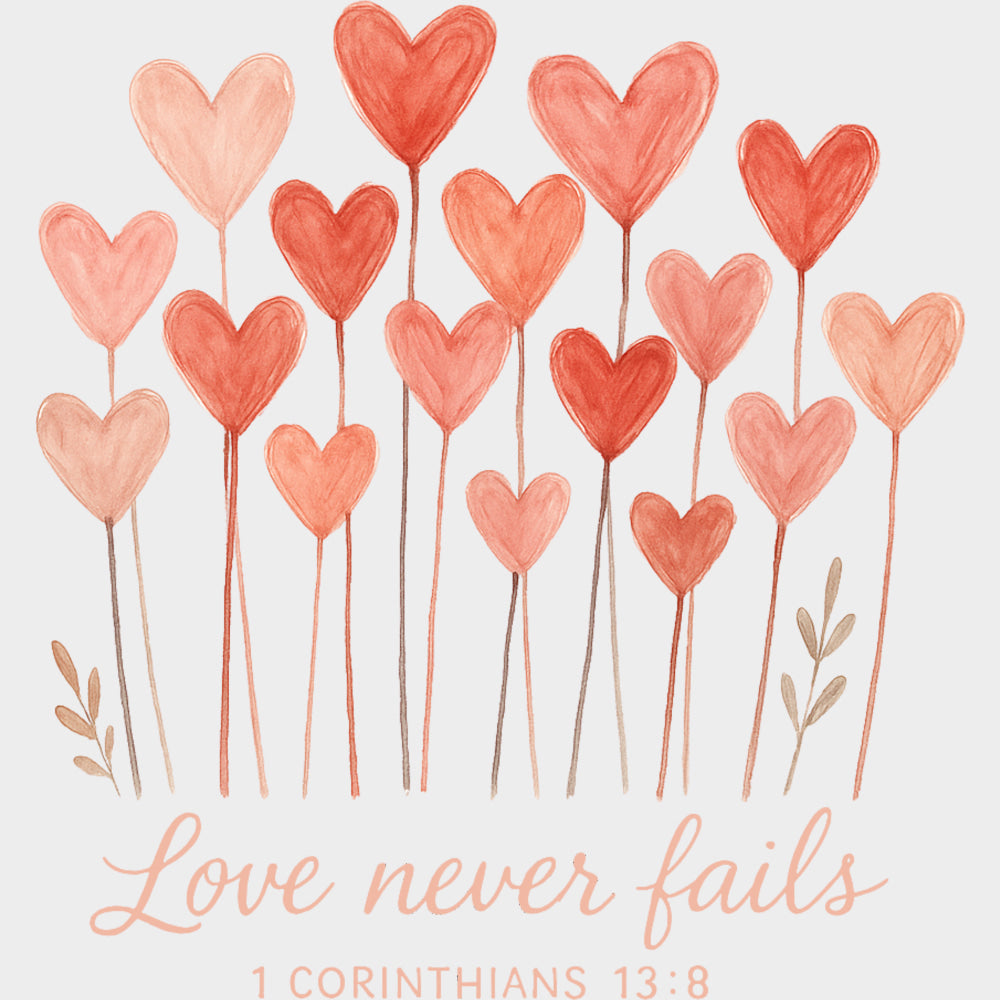Love Never Fails 1 Corinthians 13:8 - Valentine's Day DTF Transfers transfer-kingdom Light Color Design (See Imaging)