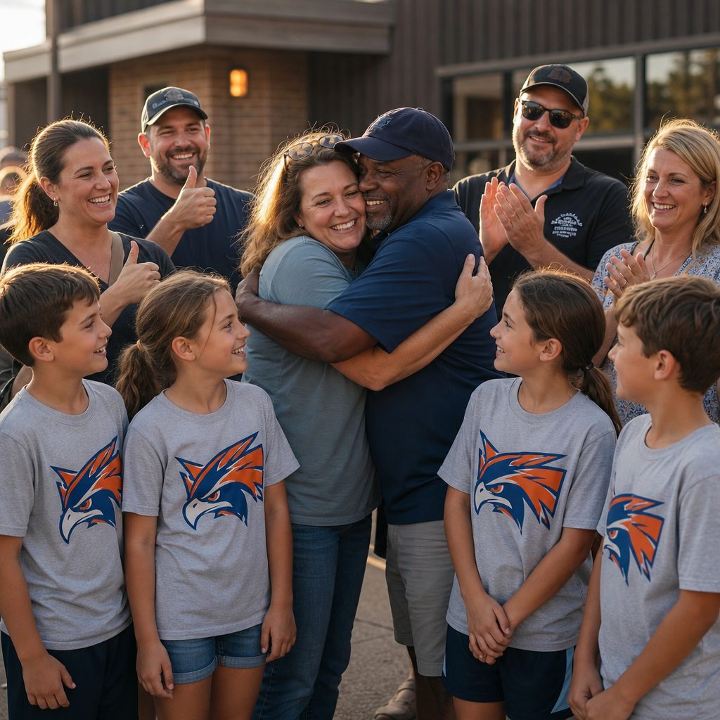 Parents giving applause outside a school gym as the team mom is warmly hugged by the athletic director, kids in matching freshly printed spirit shirts in the foreground