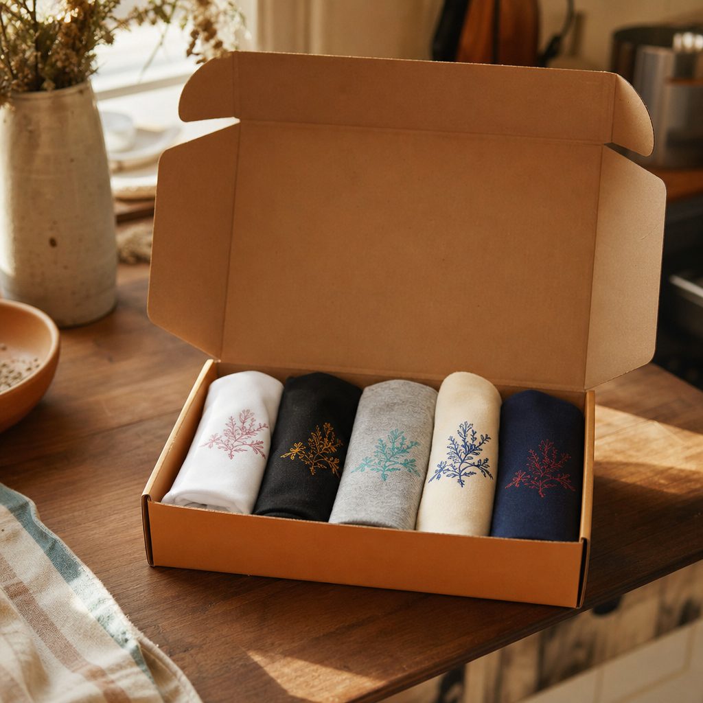 An open orange Transfer Kingdom shipping box on a kitchen counter containing five neatly folded fabric swatches with small printed transfers on each