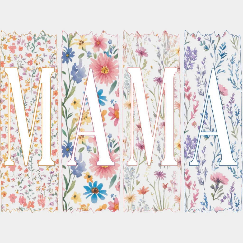 Mama Pink & Blue Flowers B&W - Mother’s Day DTF Transfer Adult Unisex - S & M (10’’) / Light Color Design (See Imaging)