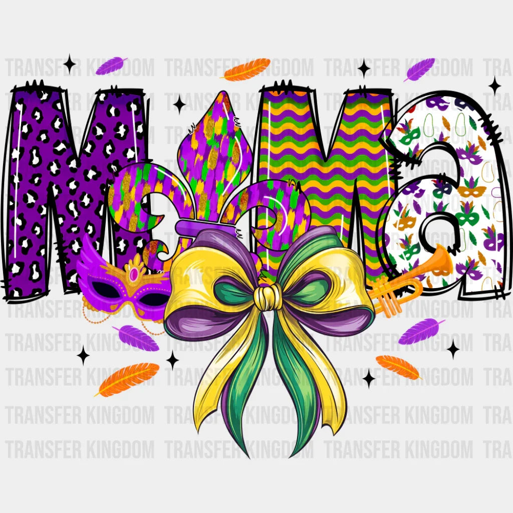 Mama Ribbon & Mask - Mardi Gras DTF Transfer Adult Unisex - S & M (10’’) / Dark Color Design (See Imaging)