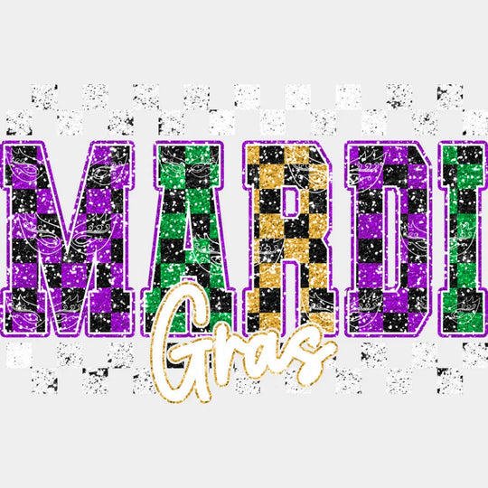 Mardi Gras Checkered B&W - Mardi Gras DTF Transfer Adult Unisex - S & M (10’’) / Light Color Design (See Imaging)