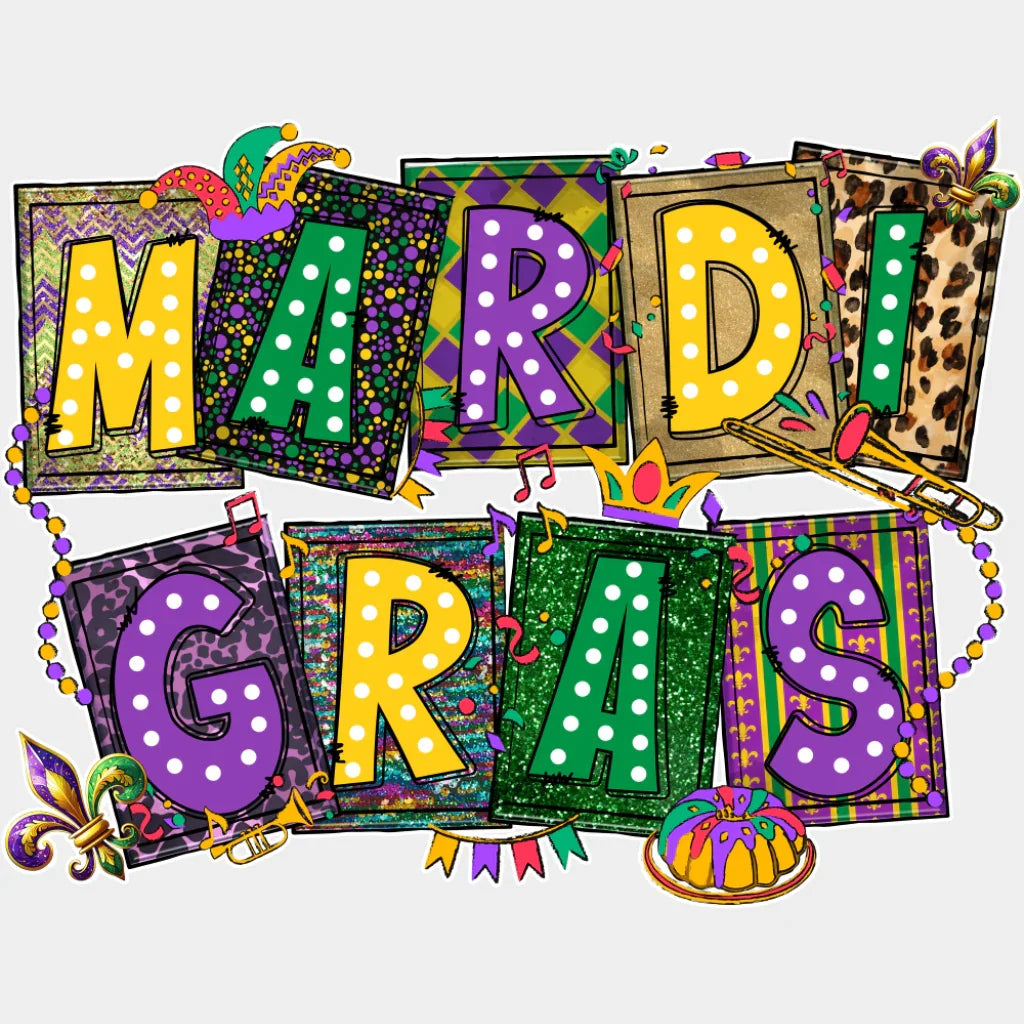 Mardi Gras Dotted - Mardi Gras DTF Transfer Adult Unisex - S & M (10’’) / Light Color Design (See Imaging)