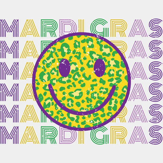 Mardi Gras Smiley - Mardi Gras DTF Transfer Adult Unisex - S & M (10’’) / Light Color Design (See Imaging)