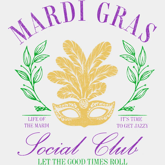 Mardi Gras Social Club Mask - Mardi Gras DTF Transfer Adult Unisex - S & M (10’’) / Light Color Design (See Imaging)