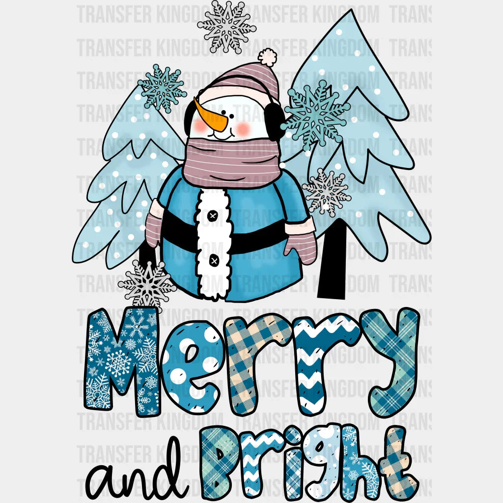Merry And Bright Snowman Design - Winter Iron On Dtf Transfer Unisex S & M (10’’) / Dark Color
