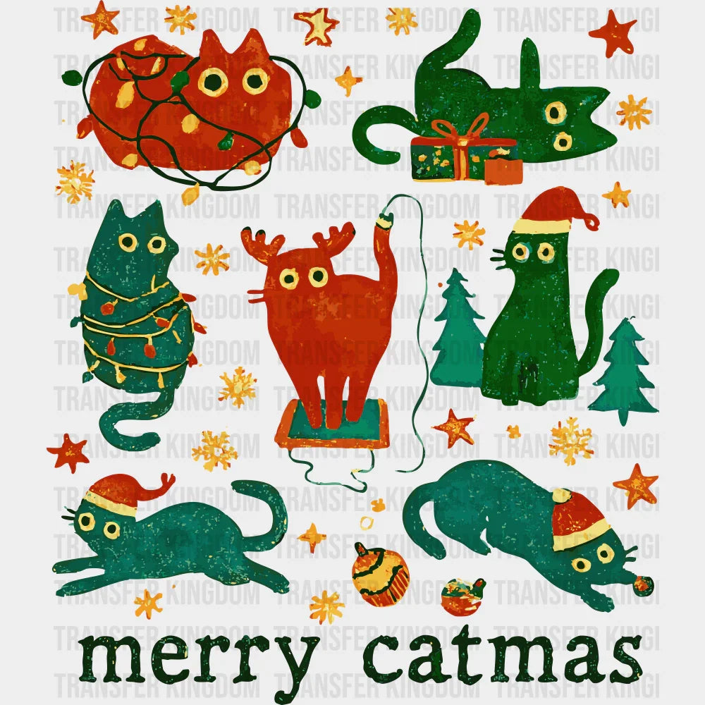 Merry Catmas - Christmas DTF Transfer Adult Unisex - S & M (10’’) / Green Color Design (See Imaging)