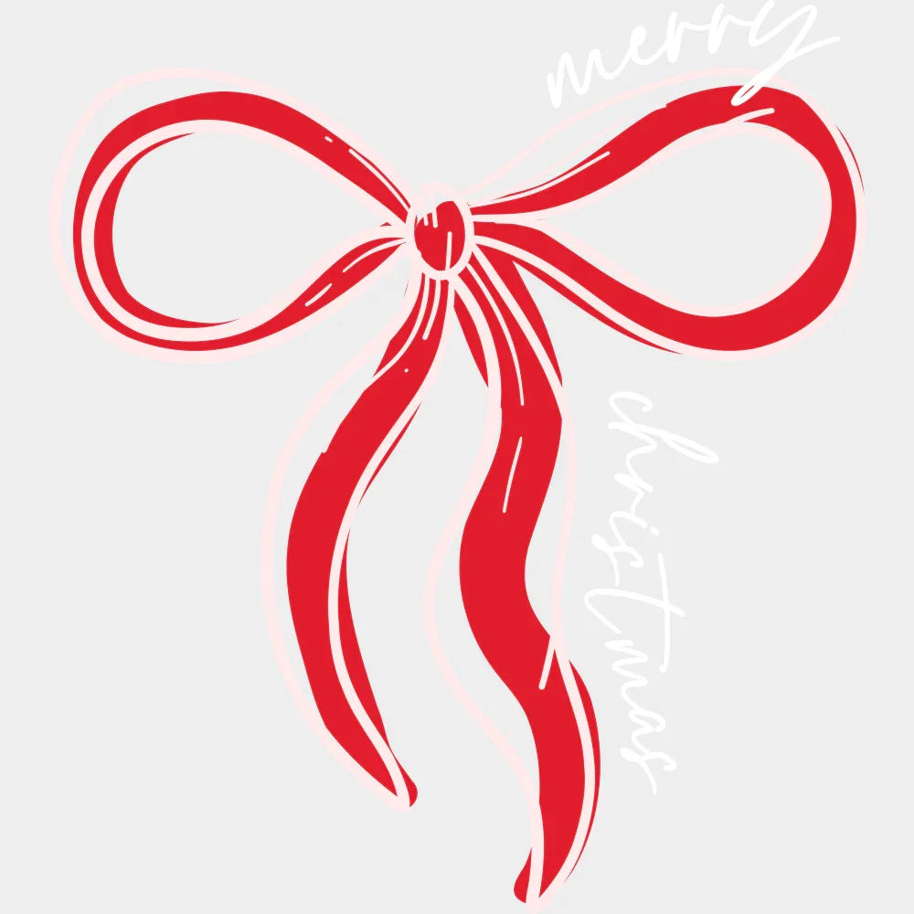 Merry Christmas Red Ribbon B&W - Christmas DTF Transfer Adult Unisex - S & M (10’’) / Light Color Design (See Imaging)