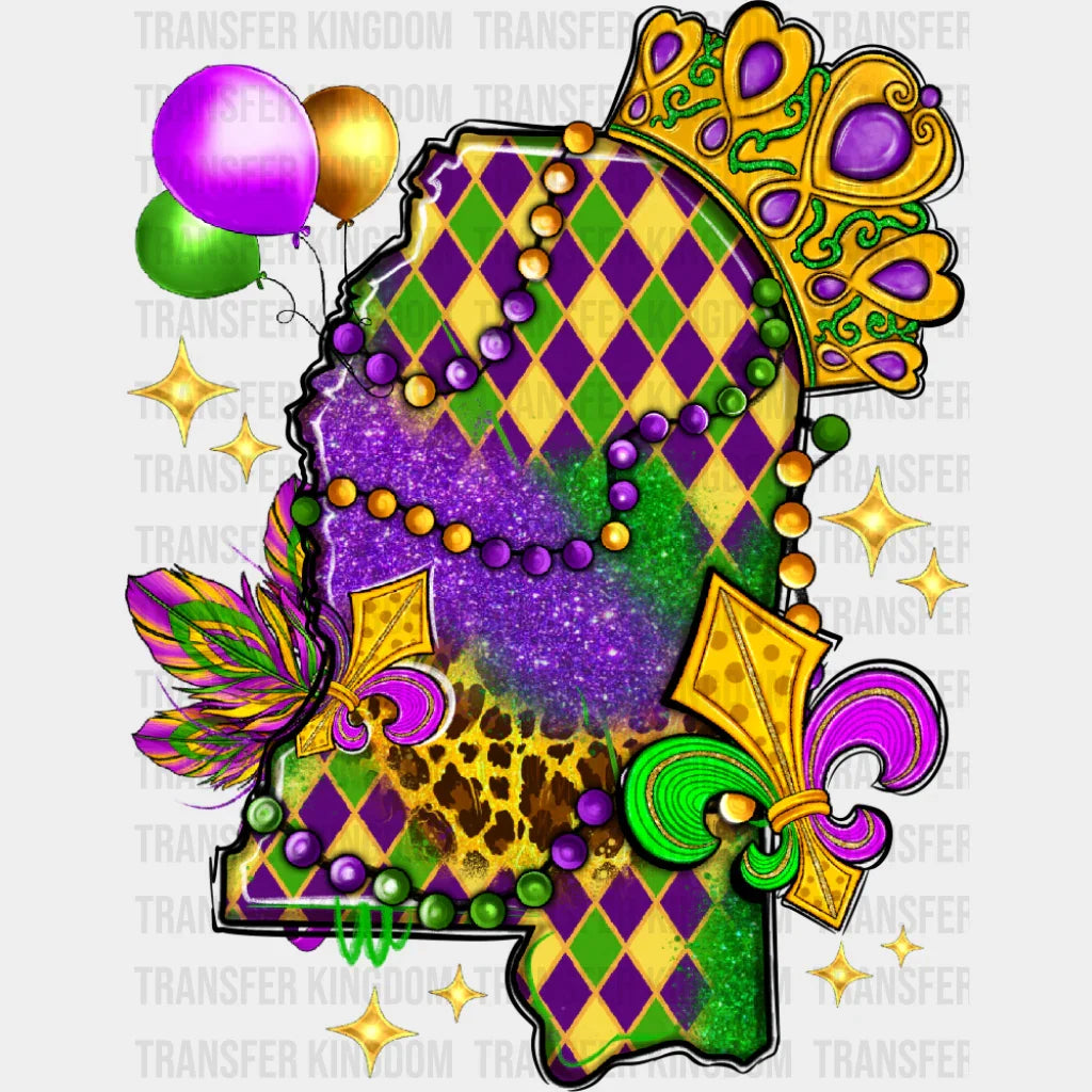 Mississippi Map Colorful - Mardi Gras DTF Transfer Adult Unisex - S & M (10’’) / Dark Color Design (See Imaging)
