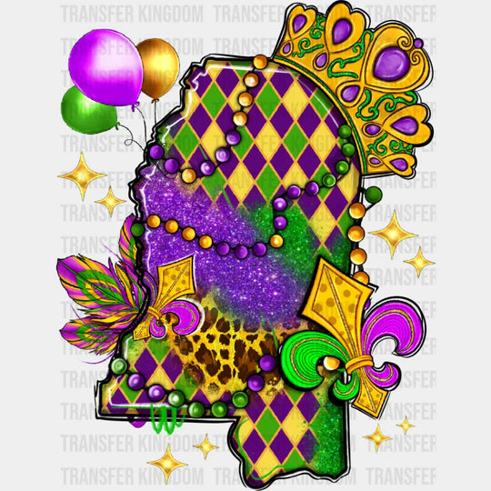 Mississippi Map Colorful - Mardi Gras DTF Transfer Adult Unisex - S & M (10’’) / Dark Color Design (See Imaging)