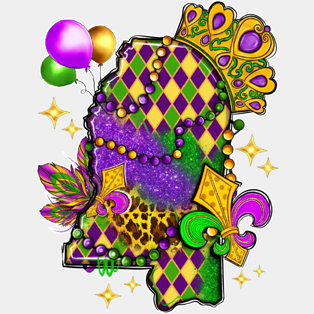 Mississippi Map Colorful - Mardi Gras DTF Transfer Adult Unisex - S & M (10’’) / Light Color Design (See Imaging)