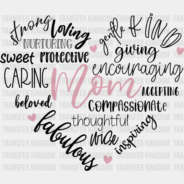 Mom's Heart Mother Word Cloud Tee: caring, inspiring, selfless, brave, patient Design - DTF heat transfer
