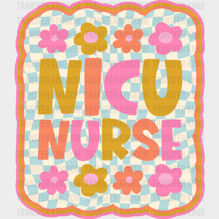 NICU Nurse, Flowers, Blue & White Checkered - NICU Nurse DTF Transfers