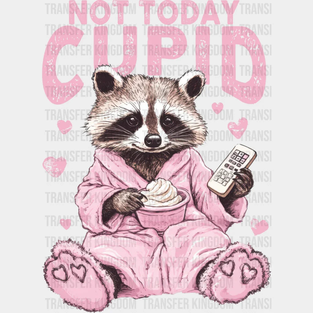 Not Today Cupid Pink Bathrobe Raccoon Design - Valentine’s Day DTF Transfer