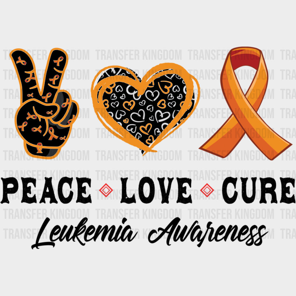 Peace Love Cure Leukemia Awareness B&W - Leukemia DTF Transfers Adult Unisex - S & M (10’’) / Dark Color Design (See
