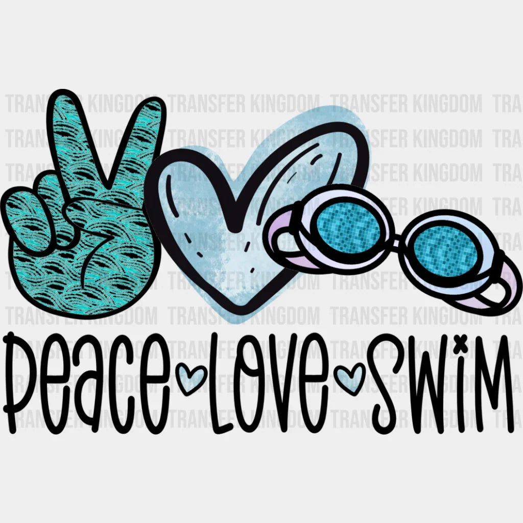 Peace Love Swim Doodles Design - Swimming Dtf Heat Transfer Unisex S & M (10’’) / Dark Color