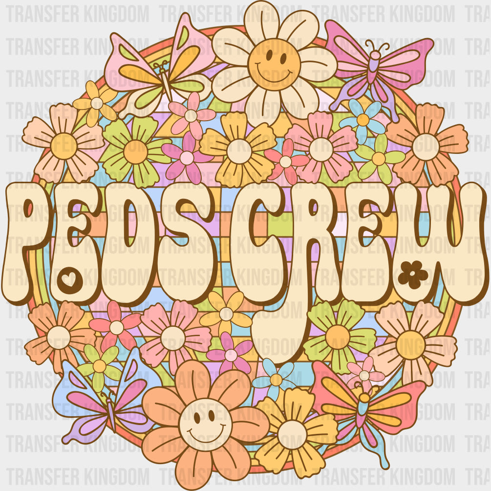 Peds Crew Flowers Retro Circular Design - Pediatric Nurse DTF Transfers