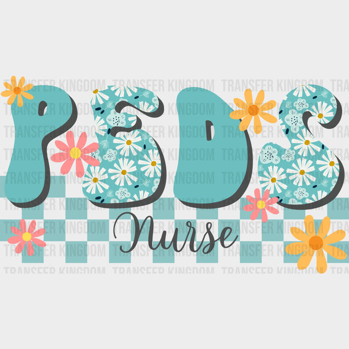 Peds Nurse, Blue, White Daisies - Pediatric Nurse DTF Transfers