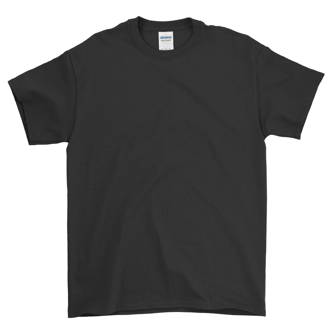 Black t-shirt with a Gildan label on a white background