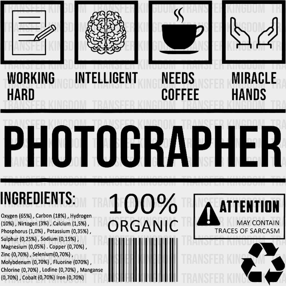 Photographer Ingredients B&W - Photography DTF Transfers transfer-kingdom Dark Color Design (See Imaging)