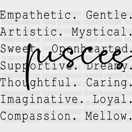 Pisces B&W - Zodiacs & Horoscopes DTF Transfers - Adult Unisex - S & M (10’’) / Dark Color Design (See Imaging)