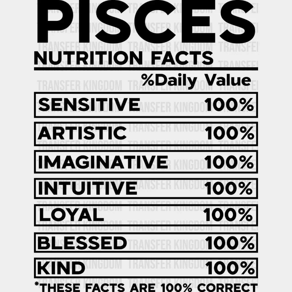 Pisces Nutrition Facts - Zodiac & Horoscopes Dtf Heat Transfer Unisex S M (10’’) / Dark Color