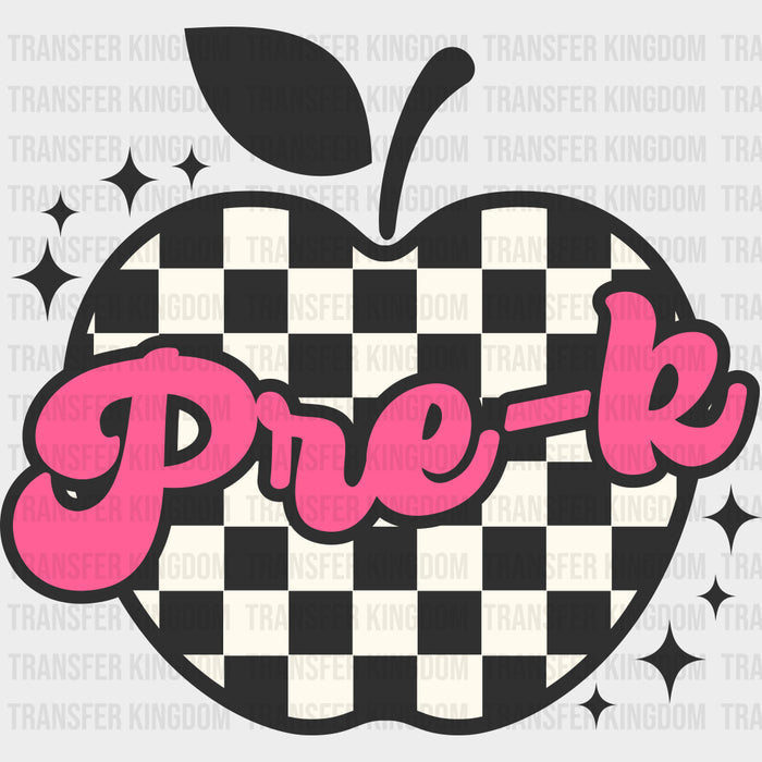 Pre-K Checkered Apple, Pink Text - Pre-K DTF Transfers