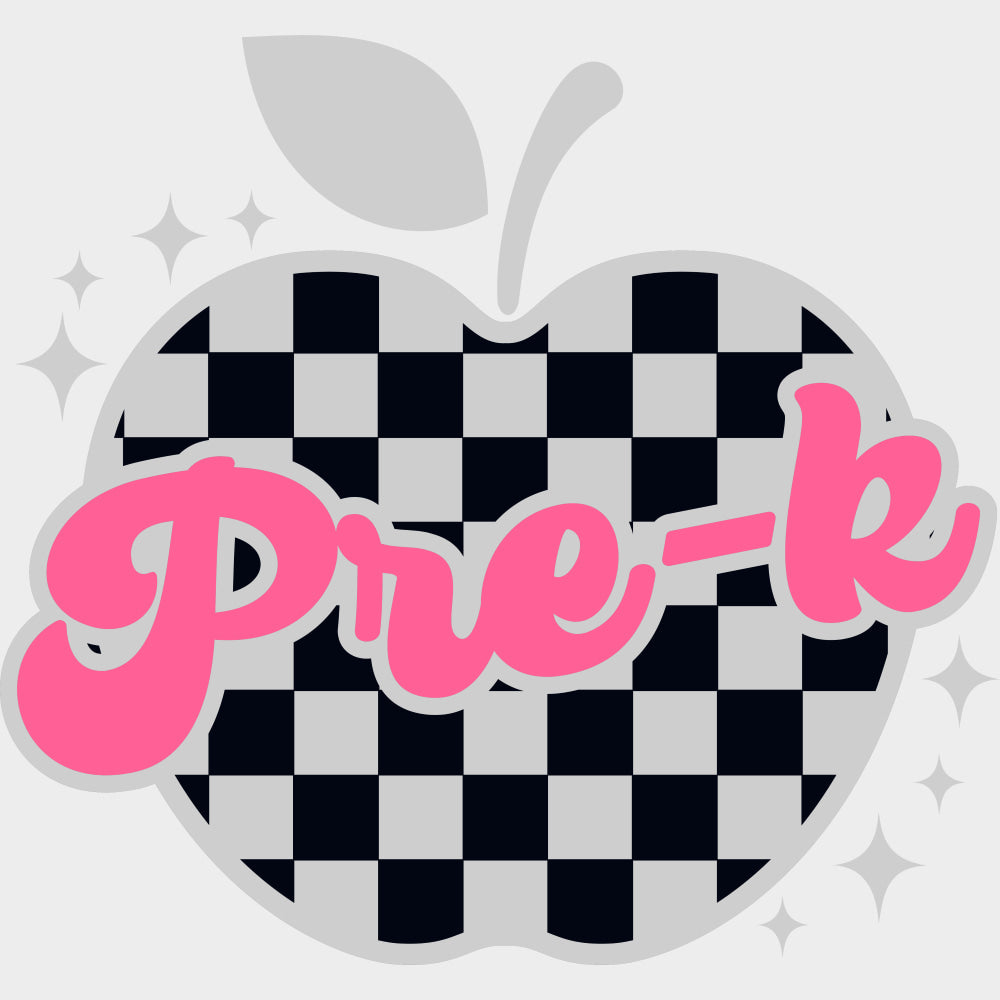Pre-K Checkered Apple Pink Text - Pre-K DTF Transfers Adult Unisex - S & M (10’’) / Light Color Design (See Imaging)