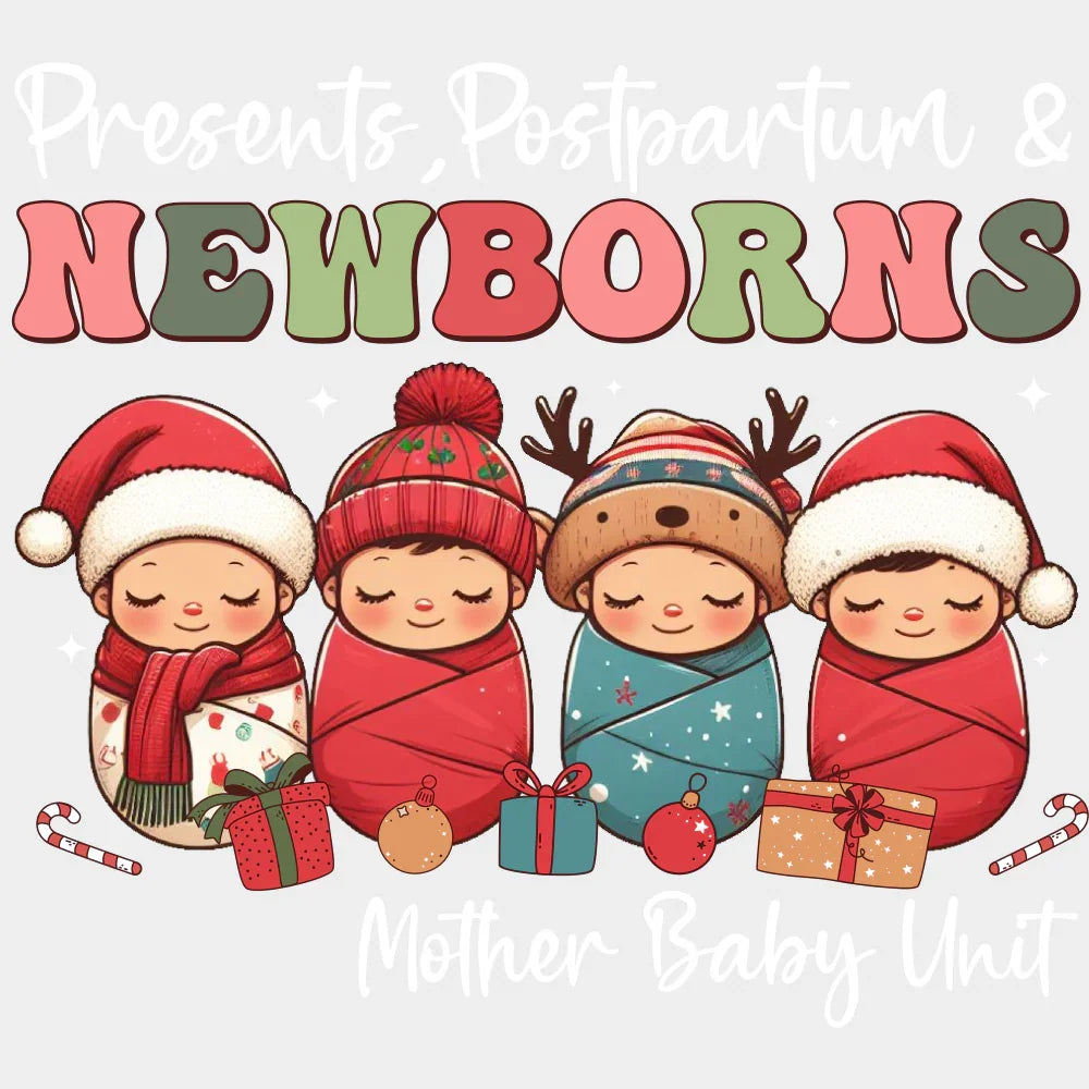 Presents Postpartum & Newborns - Nurse DTF Transfer Adult Unisex - S & M (10’’) / Light Color Design (See Imaging)