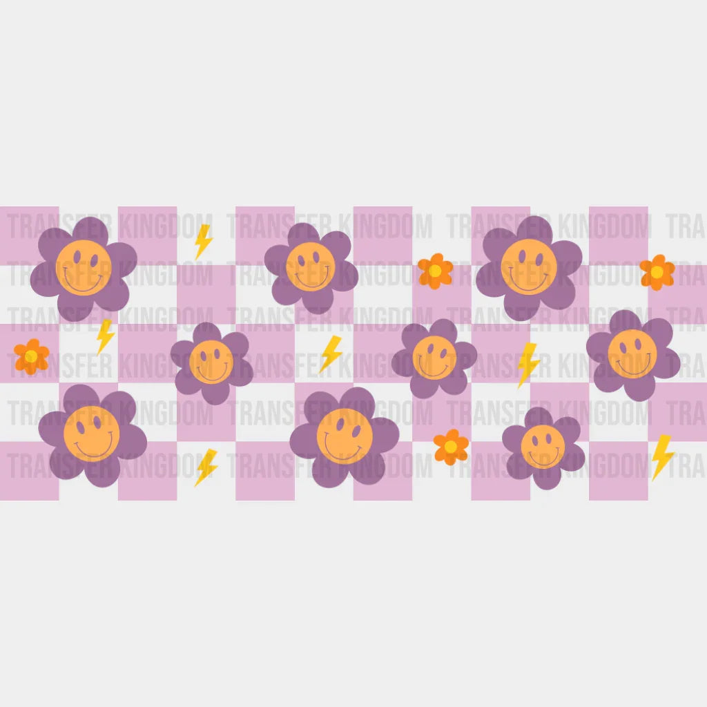 Purple Flowers Checkered Design - Cats Cup Wrap UV Sticker Permanent UV DTF Decal UVDTF