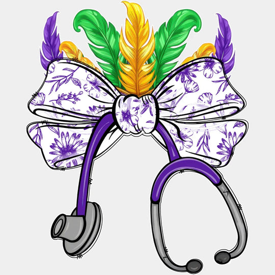 Ribbon Stethoscope - Mardi Gras DTF Transfer Adult Unisex - S & M (10’’) / Light Color Design (See Imaging)