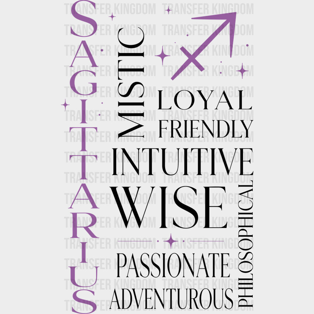 Sagittarius Qualities Purple - Zodiacs & Horoscopes DTF Transfers - Adult Unisex - S & M (10’’) / Dark Color Design