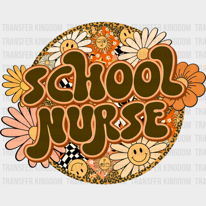 School Nurse, Circular, Retro Flowers - School Nurse DTF Transfers