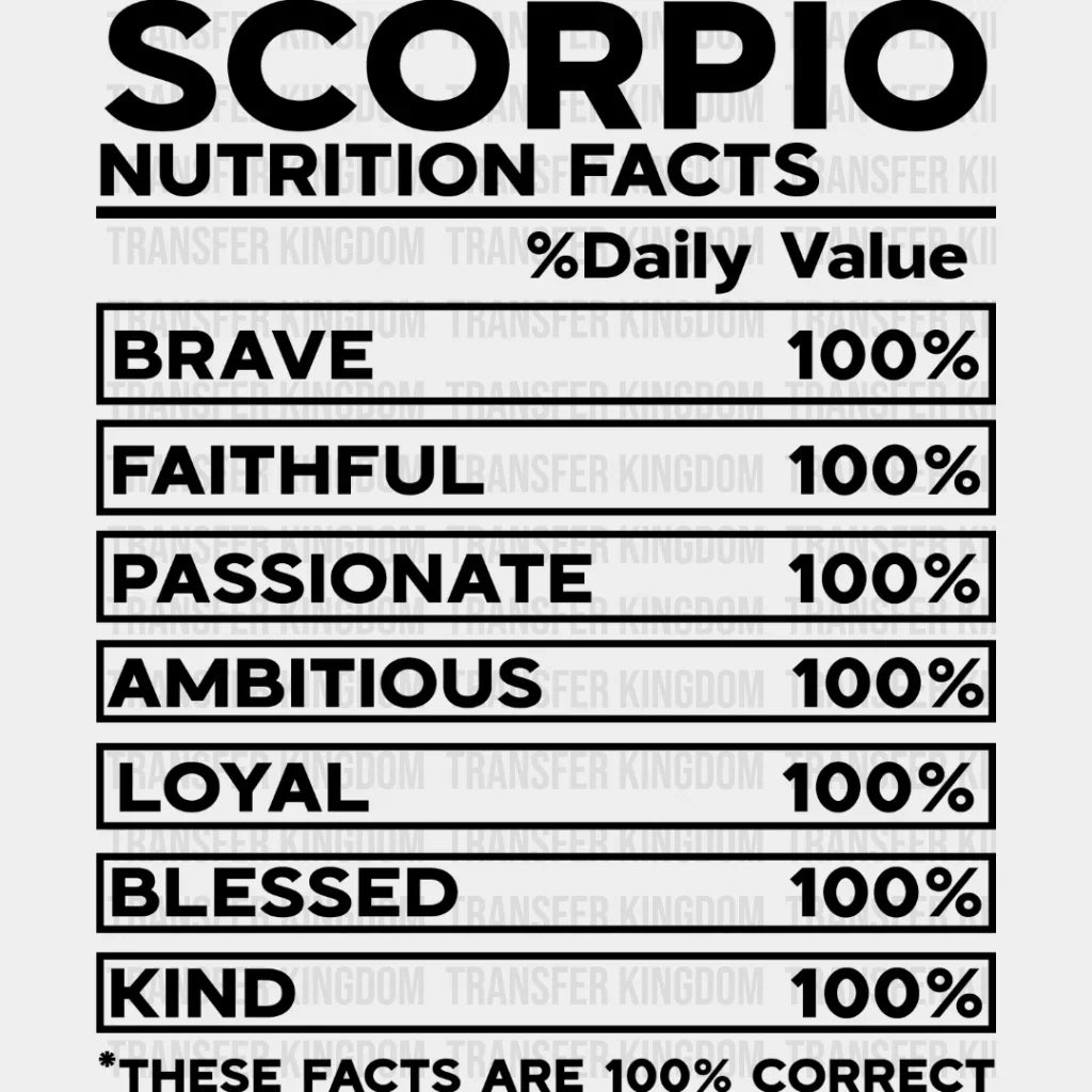 Scorpio Nutrition Facts - Zodiac & Horoscopes Dtf Heat Transfer Unisex S M (10’’) / Dark Color