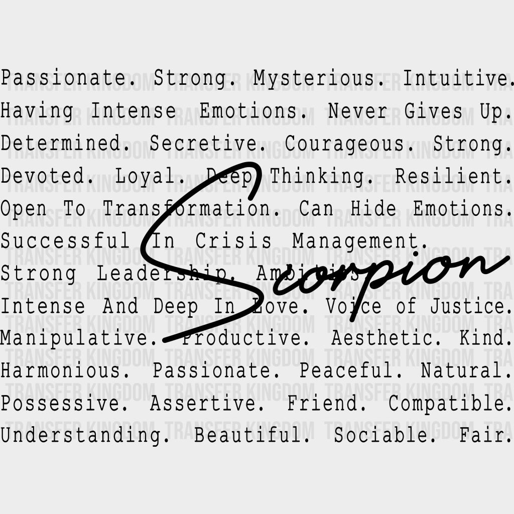 Scorpion B&W - Zodiacs & Horoscopes DTF Transfers - Adult Unisex - S & M (10’’) / Dark Color Design (See Imaging)
