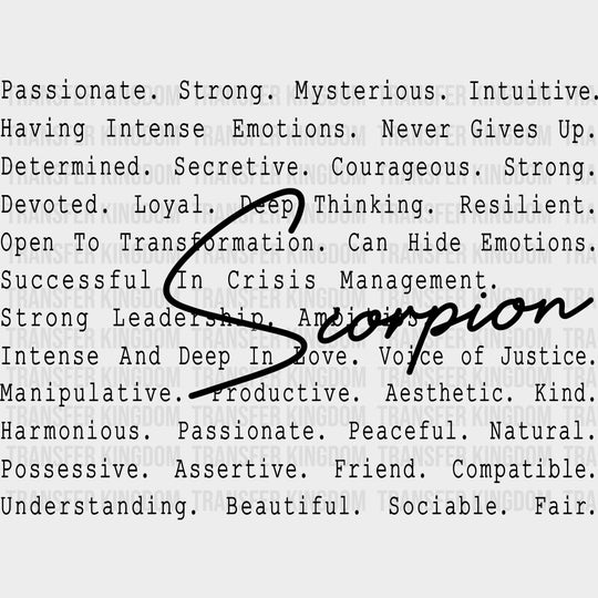 Scorpion B&W - Zodiacs & Horoscopes DTF Transfers - Adult Unisex - S & M (10’’) / Dark Color Design (See Imaging)
