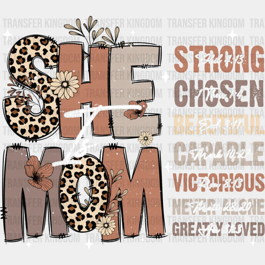 She Is Mom Cheetah Print - Mother’s Day DTF Transfer Adult Unisex - S & M (10’’) / Dark Color Design (See Imaging)