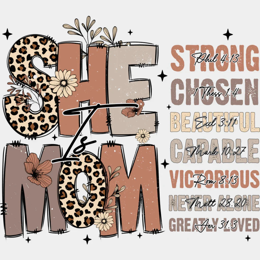 She Is Mom Cheetah Print - Mother’s Day DTF Transfer Adult Unisex - S & M (10’’) / Light Color Design (See Imaging)