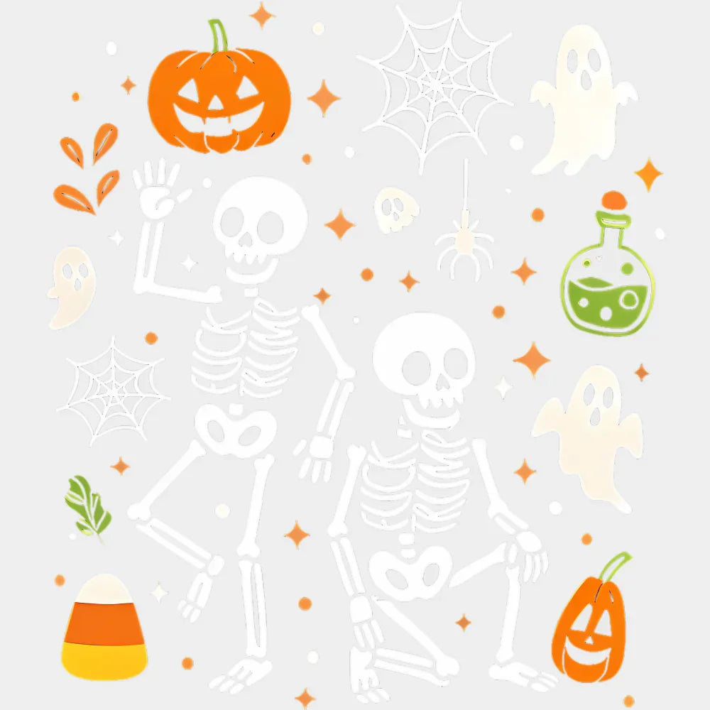 Skeletons Pumpkins Spiders Ghosts - Halloween DTF Transfer Adult – S & M (10’’) / Light Color Design (See Imaging)