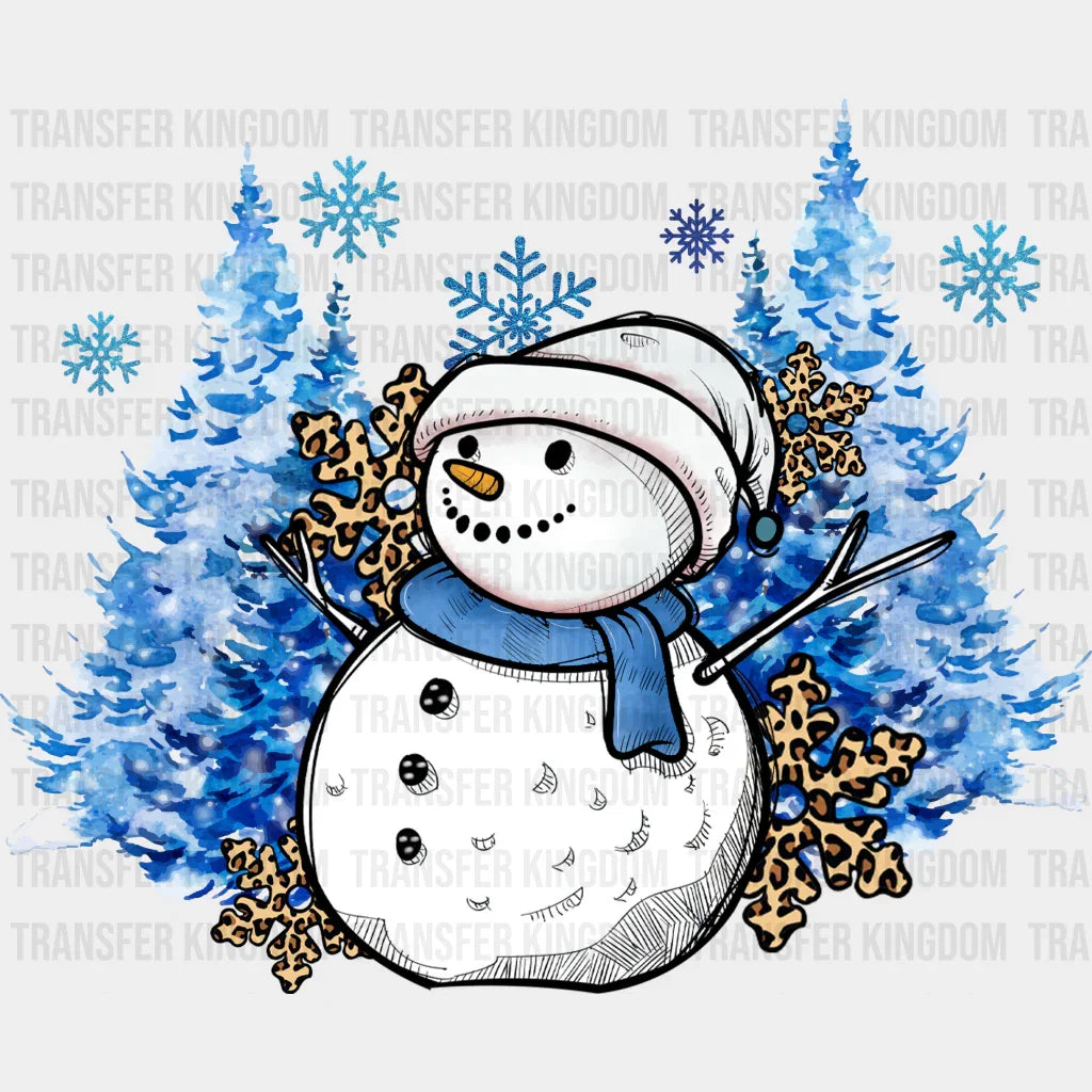 Snowman Blue Trees Design - Winter Iron On Dtf Transfer