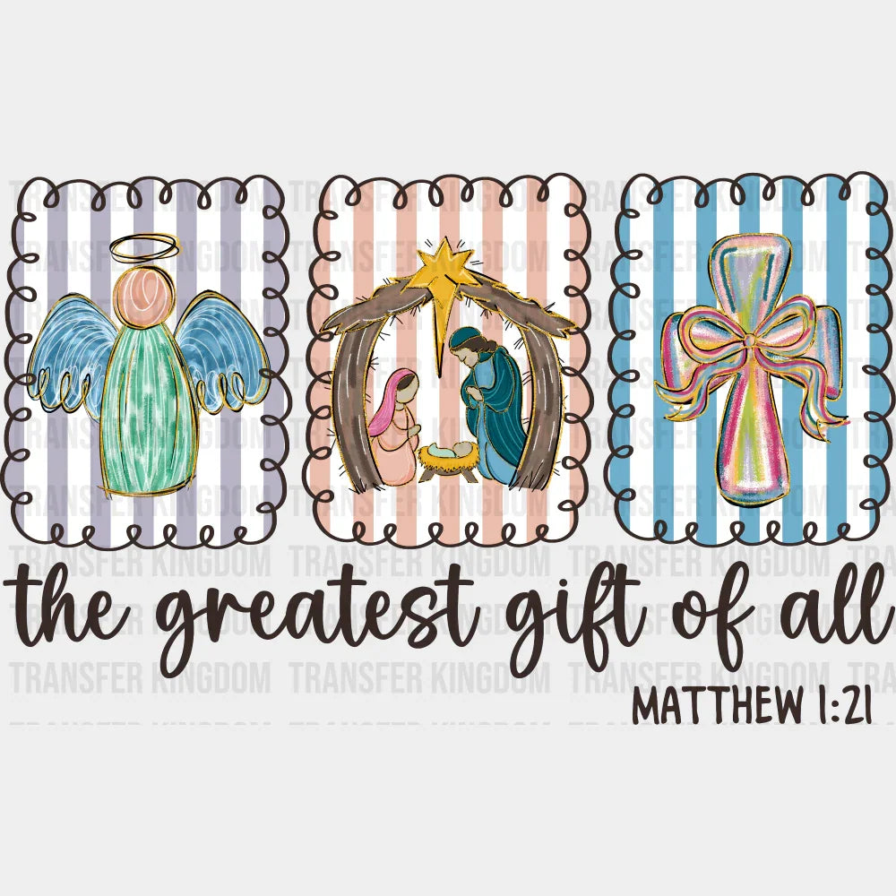 The Greatest Gift Of All B&W Matthew 1:21 - Christmas DTF Transfer Adult Unisex - S & M (10’’) / Dark Color Design (See