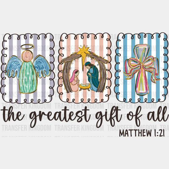 The Greatest Gift Of All B&W Matthew 1:21 - Christmas DTF Transfer Adult Unisex - S & M (10’’) / Dark Color Design (See