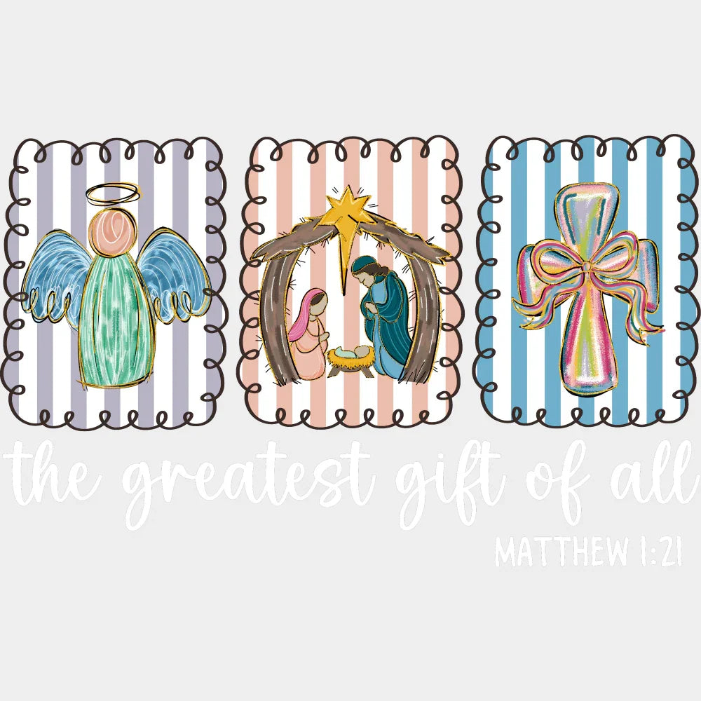 The Greatest Gift Of All B&W Matthew 1:21 - Christmas DTF Transfer Adult Unisex - S & M (10’’) / Light Color Design