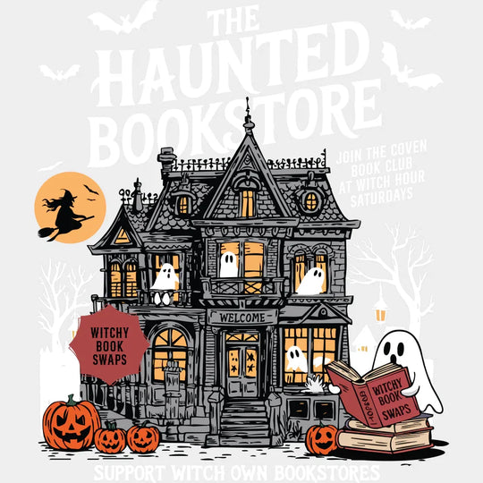 The Haunted Bookstore Halloween DTF Transfer Adult Unisex S & M (10’’) / Light Color Design (See Imaging)